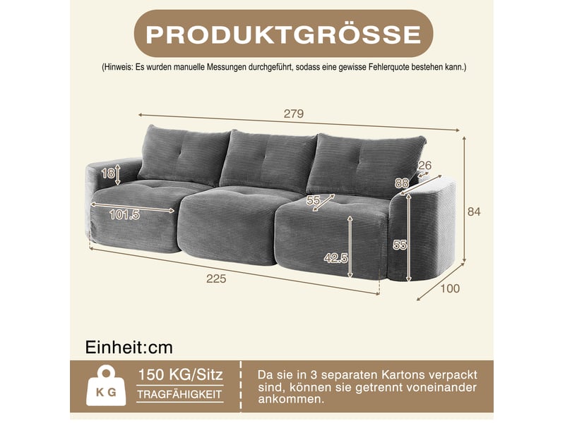  Canapé modulable 3 places modenvie 279 x 100 x 84 cm en velours côtelé gris anthracite configuration 2+1  - Conforama C