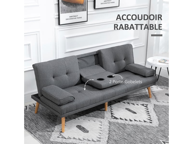  Canapé convertible 3 places, canapé-lit rembourré avec dossier réglable 3 niveaux, 2 coussins et 2 porte-gobelets intégrés, tissu de lin, pour salon, chambre d'amis, gris foncé, petit espace  - Conforama W