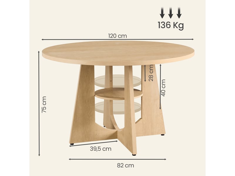  Table à manger ronde avec pied central et étagère, 120 x 120 x 75 cm, beige chêne  - Conforama D
