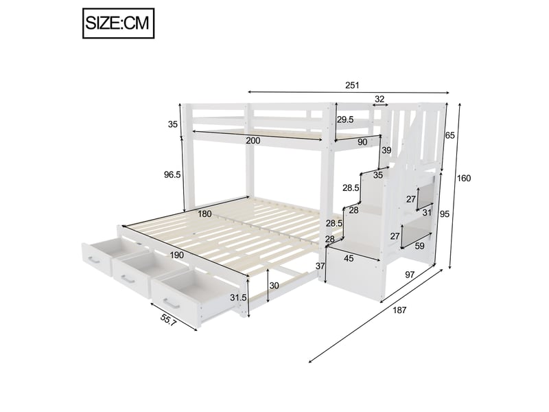 Lit superposé 90 x 200 cm avec lit gigogne 180 x 190 cm, escalier de rangement, 3 tiroirs, bois, blanc sans matelas - Conforama C