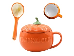 Petit mug en céramique avec couvercle et cuillère, citrouille