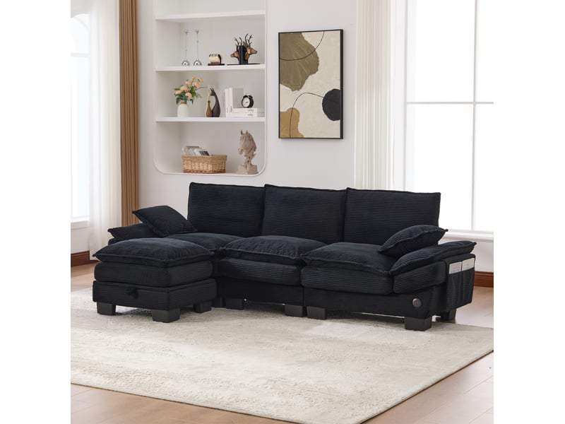  Canapé droit 3pl 260x132x84 cm, pouf avec rangement, assise généreuse, port de charge, poches latérales, velours côtelé noir, pour le salon  - Conforama E