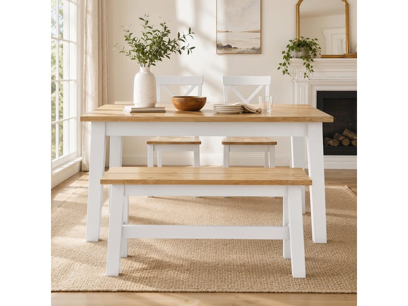  Banc 2 places, banc en bois aspect chêne, barre transversale de stabilisation, pour salon, salle à manger, couloir, bois d'hévéa, blanc  - Conforama D