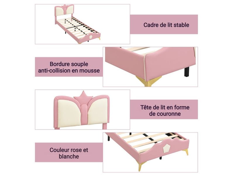  Lit enfant fille rembourré 90x200cm - tête de lit en forme de couronne - bord en mousse anti-collision - rose+blanc 208x95.5x104cm - Conforama C