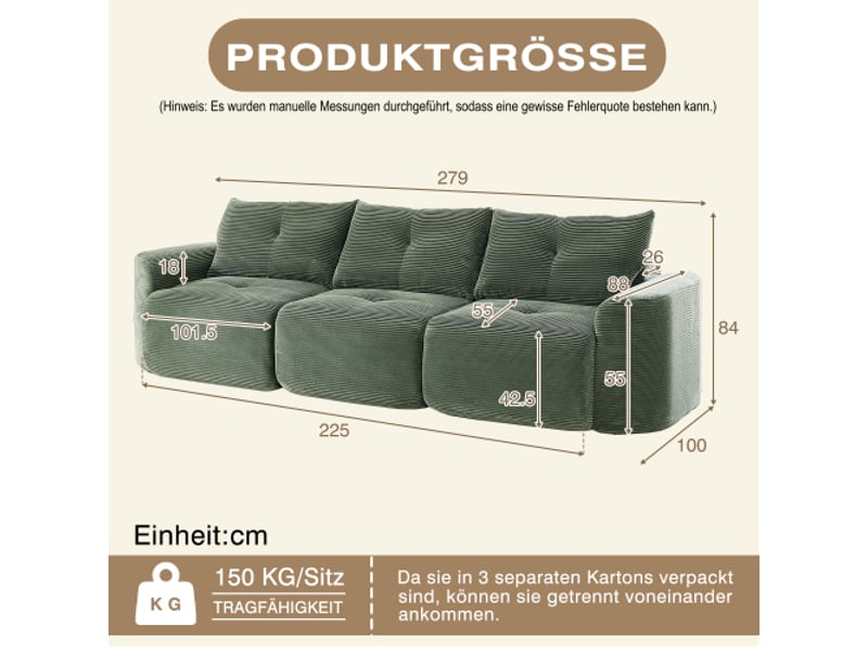 Canapé modulaire 3 places en tissu cordon style wabi-sabi, vert sauge, configuration 2+1 avec siège individuel amovible, design côtelé et arrondi - Conforama C