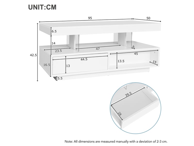  Table basse brillante en panneaux de particules avec lumière led,4 plateaux en verre,2 tiroirs et 2 compartiments ouverts,blanc table basse blanc - Conforama C