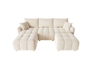 Canapé d'angle modulable 5 places en lu avec 2 poufs, canapé nuage en tissu chenille, larges accoudoirs, beige