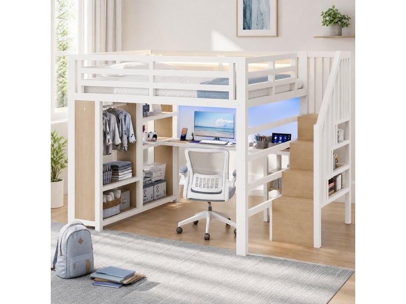  Lit mezzanine modenvie 140 x 200 cm en métal avec led, usb, bureau, armoire ouverte, escalier de rangement, blanc  - Conforama B