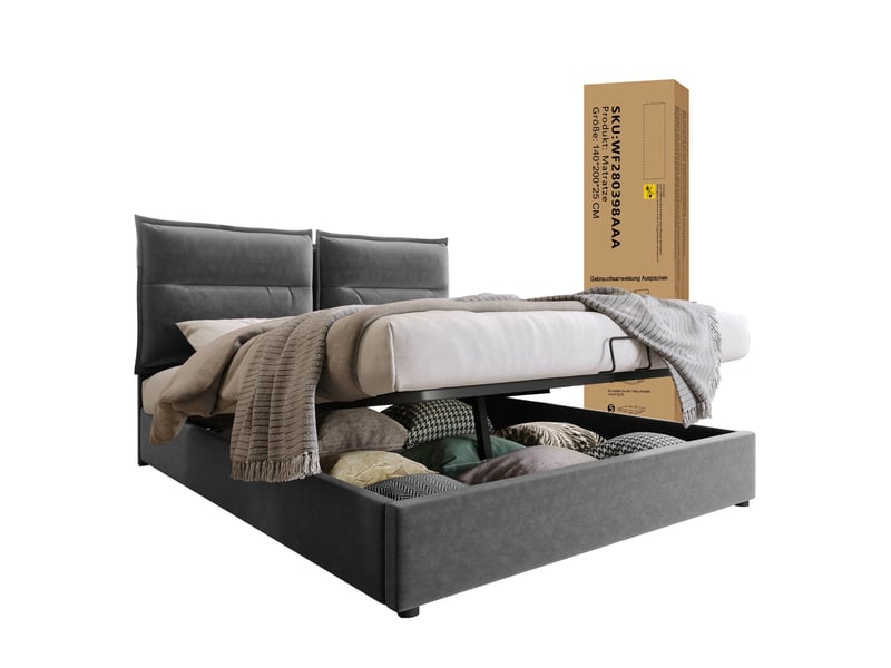Lit double rembourré 140 x 200 cm avec coffre hydraulique, tête de lit réglable et matelas 25 cm inclus, velours gris Fay Lum - Conforama A