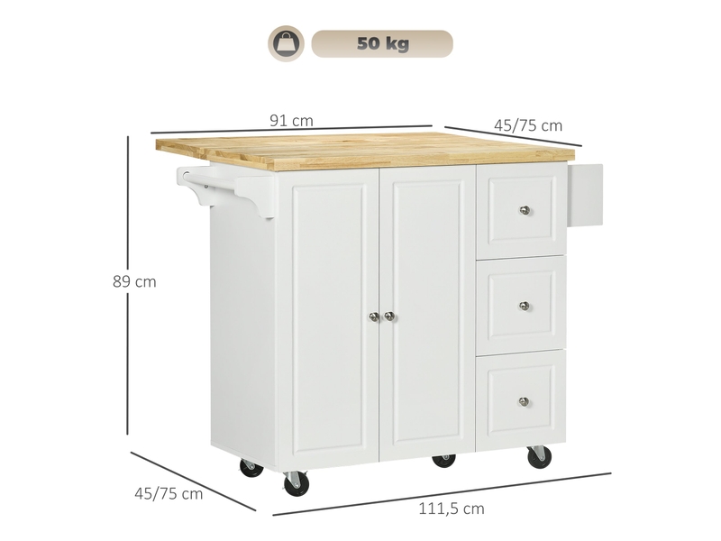  Desserte îlot de cuisine multi rangements 111.5 x 75 x 89 cm sur roulettes gain de place cosy chic en mdf blanc 21_0001011  - Conforama B
