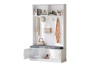 Meuble d'entrée avec banc à chaussures, 6 crochets triples et étagère ouverte de rangement pour hall, blanc 120×40×191 cm