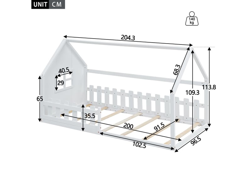  Lit cabane enfant 90x200cm bois pin massif blanc design au sol - lit enfant - sommier lattes inclus cadre maison solide sans matelas  - Conforama C