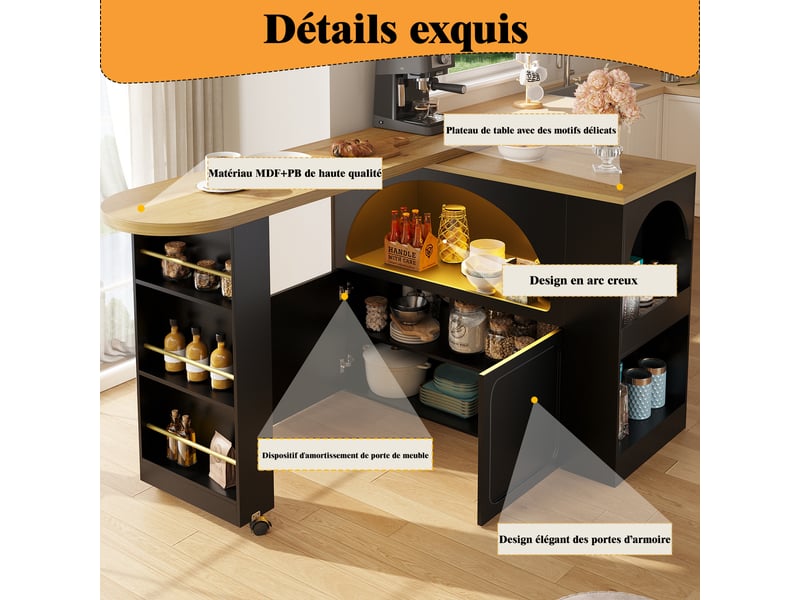 Meuble de cuisine muvano, table de bar extensible avec rangement, noire, 135 à 205 cm - Conforama E