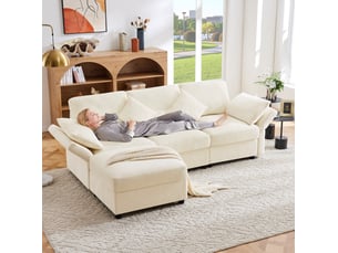 Canapé salon modulable convertible 218 cm x 156,5 cm chenille beige 4 coussins homvra