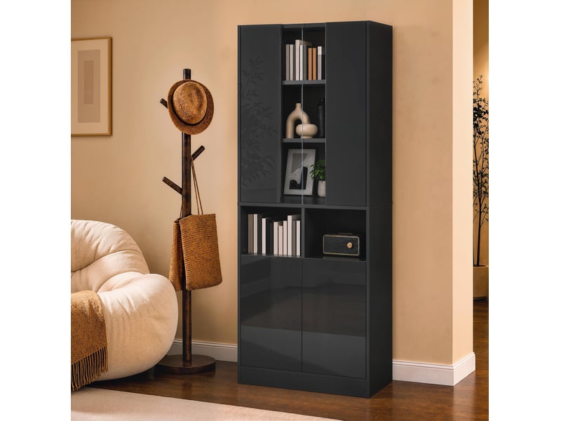 Armoire haute avec led pilotable par appli, 4 portes, 2 niches et étagère réglable en noir, 70 × 35 × 180 cm - Conforama E