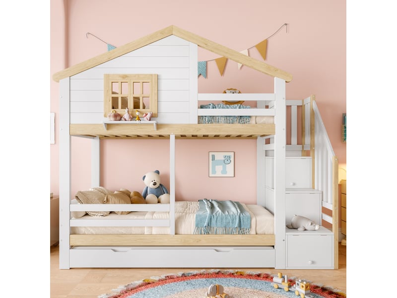  Lit superposé enfant 90x200 cm avec lit gigogne et escalier de rangement blanc naturel  - Conforama E