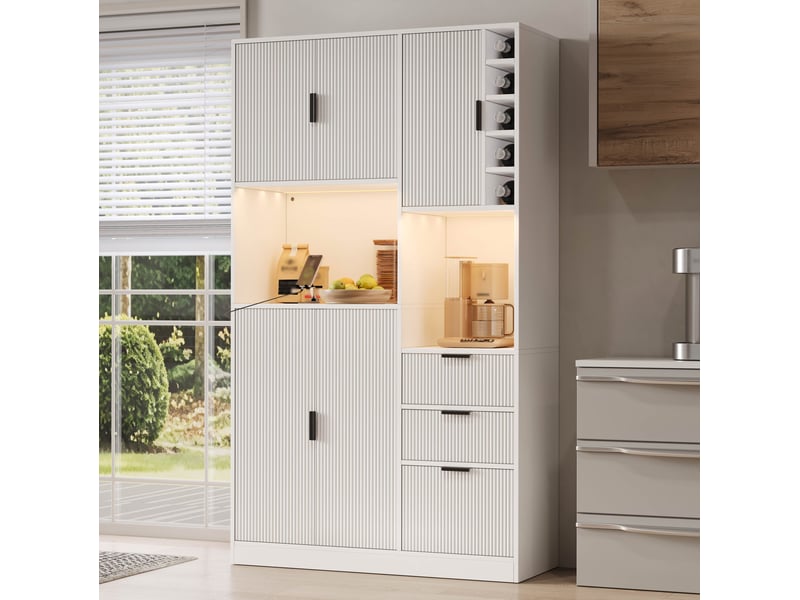  Buffet de cuisine haut 105 x 40 x 180 cm – blanc – led, prises intégrées, 3 tiroirs et casier à bouteilles  - Conforama B