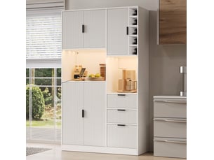 Buffet de cuisine haut 105 x 40 x 180 cm – blanc – led, prises intégrées, 3 tiroirs et casier à bouteilles