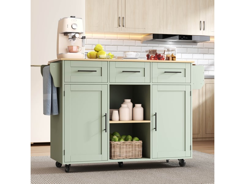 Îlot de cuisine vert antique desserte sur roulettes avec plateau rabattable 139cm chariot de rangement mdf - Conforama R