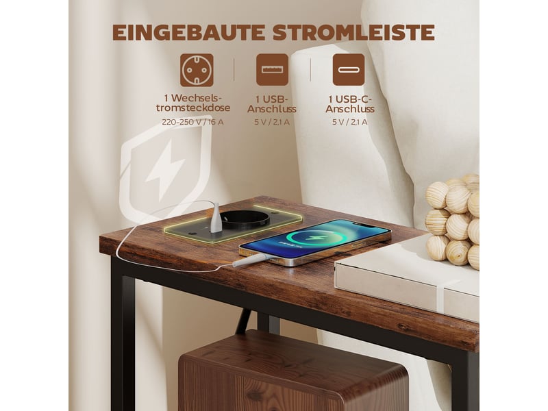  Table d'appoint avec station de charge 2 tiroirs marron rustique 40 x 20 x 63 cm  - Conforama D