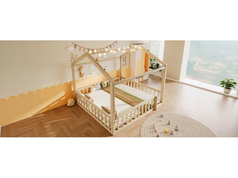  Lit enfant 90 × 190 cm et 180 × 190 cm 1 et 2 places avec barrières et led, sans matelas, en pin massif, naturel  - Conforama E