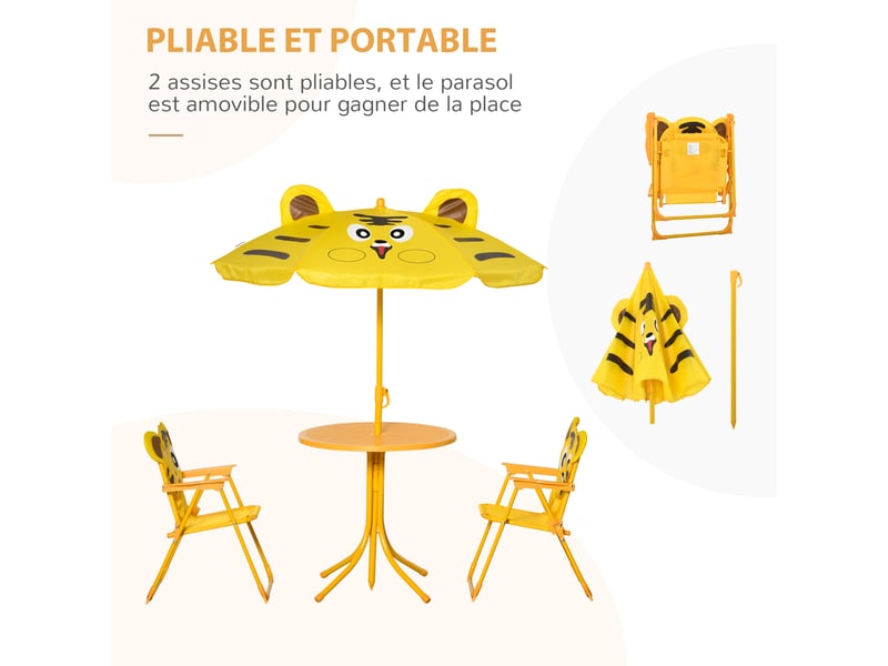 Ensemble salon de jardin enfant 4 pcs design tigre - table ronde + 2 chaises pliables + parasol - métal époxy oxford jaune - Conforama E