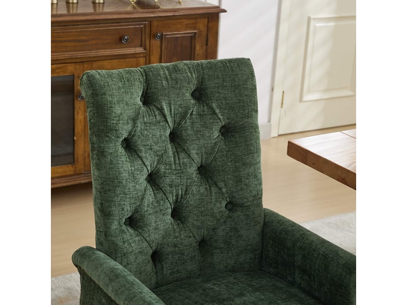  Chaise de salle à manger en chenille vert olive avec accoudoirs, dossier haut capitonné, pieds courbés en bois massif, style classique  - Conforama D