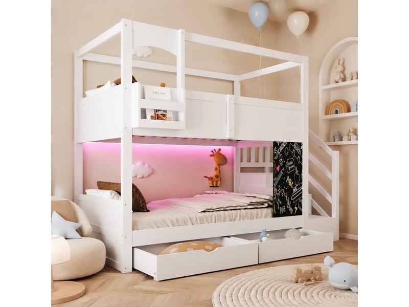  Lit superposé enfant modenvie 90 x 200 cm style cabane blanc avec étagère, tableau, escalier de rangement et 2 tiroirs  - Conforama B