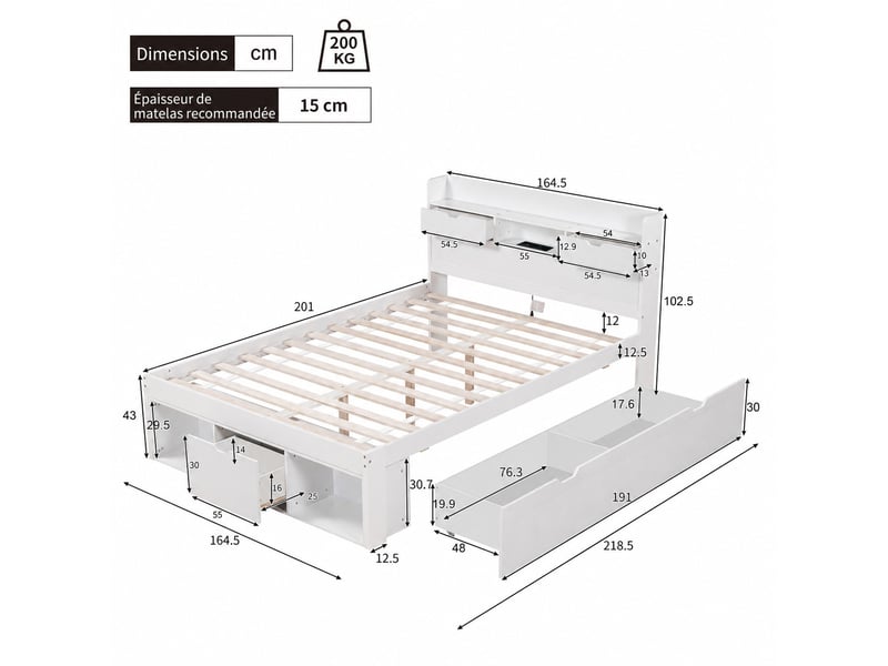  Lit double multifonction 160x200 cm blanc avec armoire de rangement, tiroirs, port usb et type-c, sommier à lattes  - Conforama C