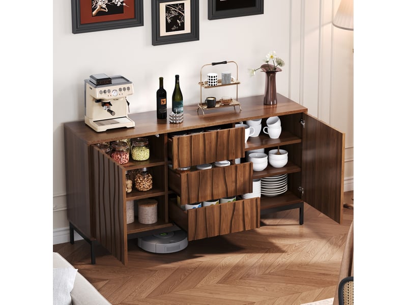 Buffet bas en mdf 150 x 40 x 80 cm, 3 tiroirs, étagères réglables, brun foncé - Conforama B