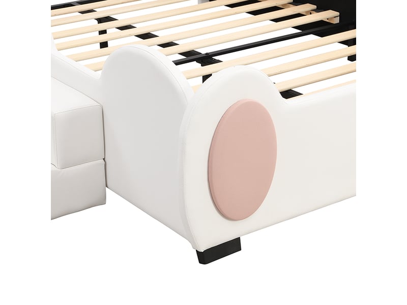 Lit enfant 200×140 cm en forme de papillon avec toboggan, marches et éclairage led, en pu et mdf rose et blanc - Conforama E