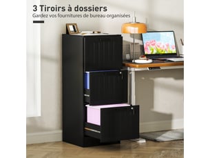 Caisson bureau, meuble rangement bois 3 tiroirs et serrure, barres de suspension réglables, noir, 40 x 40 x 101 cm