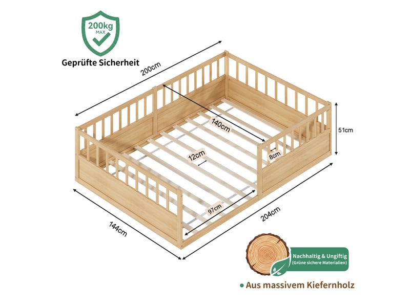  Lit enfant montessori - 140x200 cm - barrières de sécurité - pin massif - bois naturel BUYDEEMEUS - Conforama C
