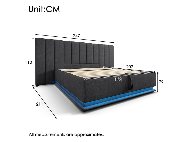  Lit coffre tcqpz 160 x 200 cm gris en lin avec led app usb-c et sommier  - Conforama C