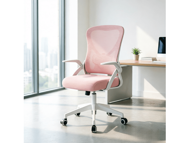  Chaise de bureau ergonomique pivotante avec dossier inclinable et accoudoirs rabattables en maille rose  - Conforama B