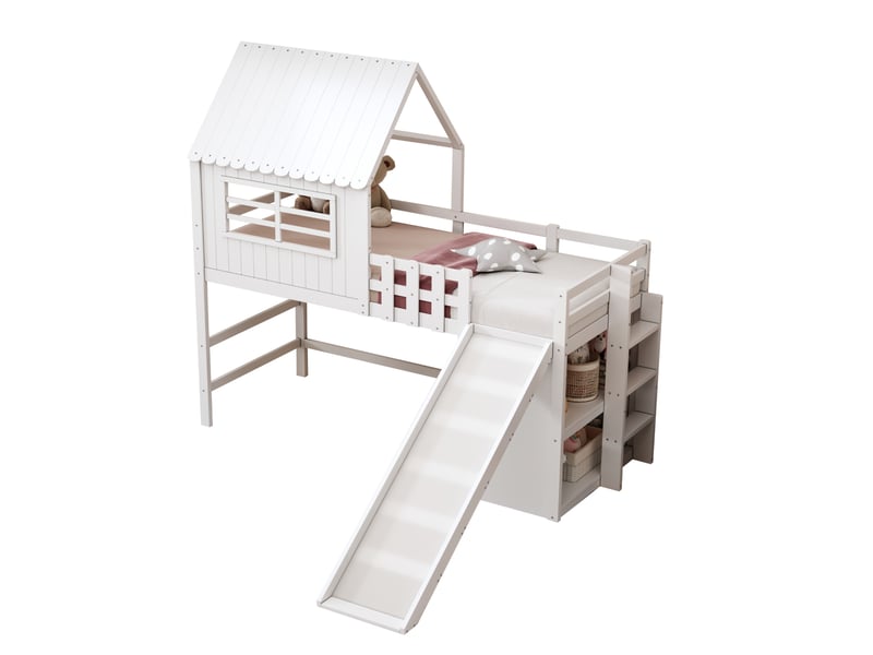  Lit mezzanine enfant 90x200 avec toboggan et rangements evryae  - Conforama A
