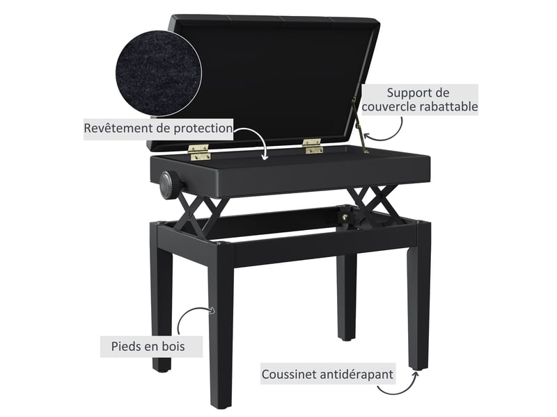  Banc de piano, banc de clavier réglable en hauteur en bois massif, tabouret piano avec compartiment caché, siège rembourré polyuréthane à 10 boutons, stable et antidérapant, noir, charge 200kg  - Conforama R