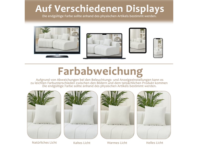  Canapé modulaire semi-circulaire 6 places en chenille - lpospi - assise à touches de piano, 2 coussins, chenille beige  - Conforama E