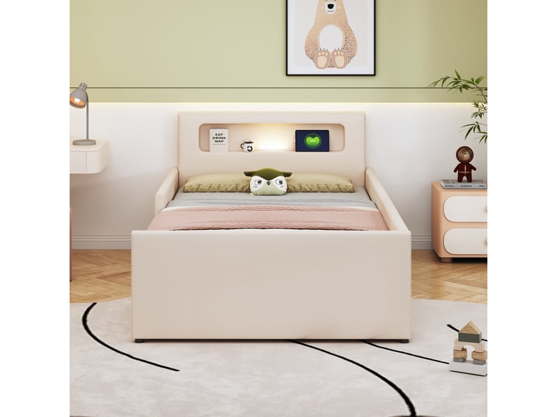  Lit enfant rembourré 90 x 200 cm avec veilleuse, port usb, tiroir et côtés surélevés, similicuir beige Fay Lum - Conforama D
