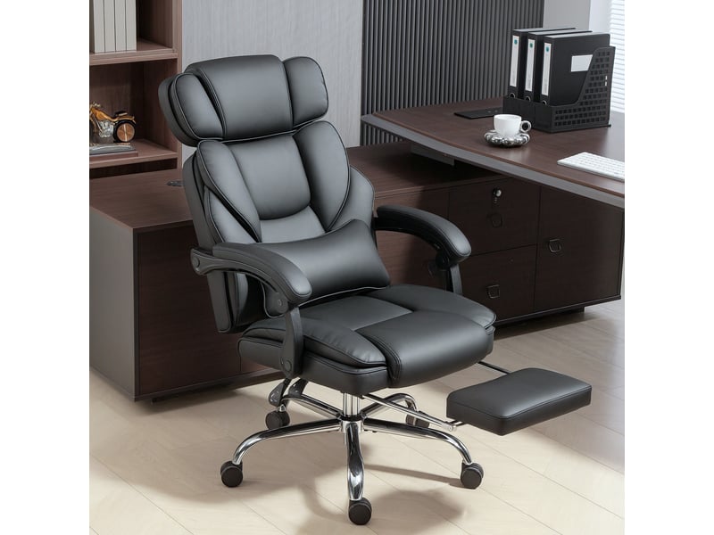  Fauteuil de bureau ergonomique pivotant à hauteur réglable avec soutien lombaire, accoudoirs, repose-pieds, revêtement en similicuir noir  - Conforama D
