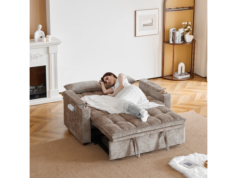  Canapé-lit convertible 3-en-1 142 cm, avec rangement, porte-gobelets, poches latérales et 2 coussins lombaires - marron  - Conforama D