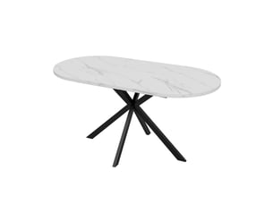Table à manger extensible 120160x80x75,5 cm, style minimaliste, ovale mdf, pieds métal, aspect marbre blanc