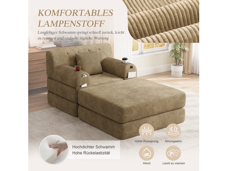  Fauteuil-lit convertible 1 place avec repose-pieds, 4 poches et 2 porte-gobelets en velours côtelé kaki  - Conforama E