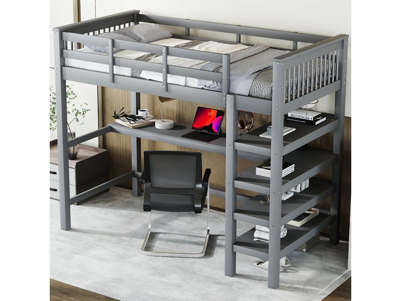  Modenvie lit mezzanine enfant 90x200 cm - avec bureau et étagères, sans matelas - gris  - Conforama E