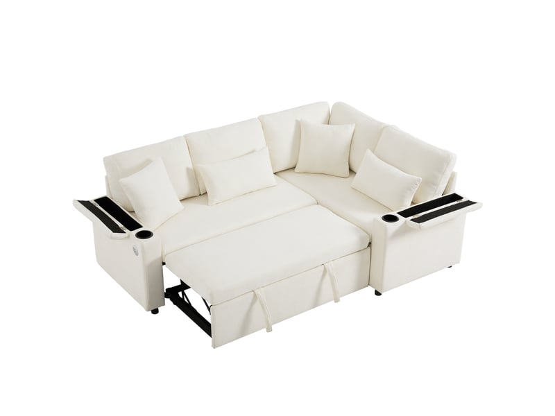 Canapé d’angle convertible l 45 places 206,5x141x86 cm avec coffre de rangement, fonction lit, méridienne fixe droite, porte-gobelets, usb, étagères d’accoudoirs, coussins - beige - Conforama A
