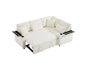 Canapé d’angle convertible l 45 places 206,5x141x86 cm avec coffre de rangement, fonction lit, méridienne fixe droite, porte-gobelets, usb, étagères d’accoudoirs, coussins - beige