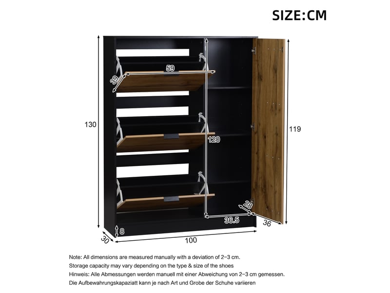  Meuble à chaussures 100x30x130 cm, 4 portes avec rangement, grande capacité, 20 paires, mdf, couleur naturel, design  - Conforama C