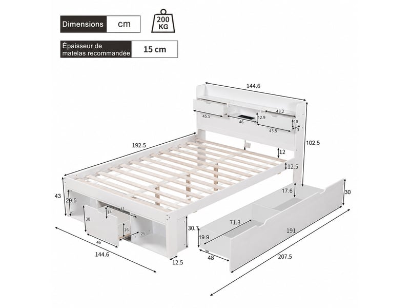 Lit double multifonction 140x190 cm blanc avec armoire de rangement, tiroirs, port usb et type-c, sommier à lattes  - Conforama C