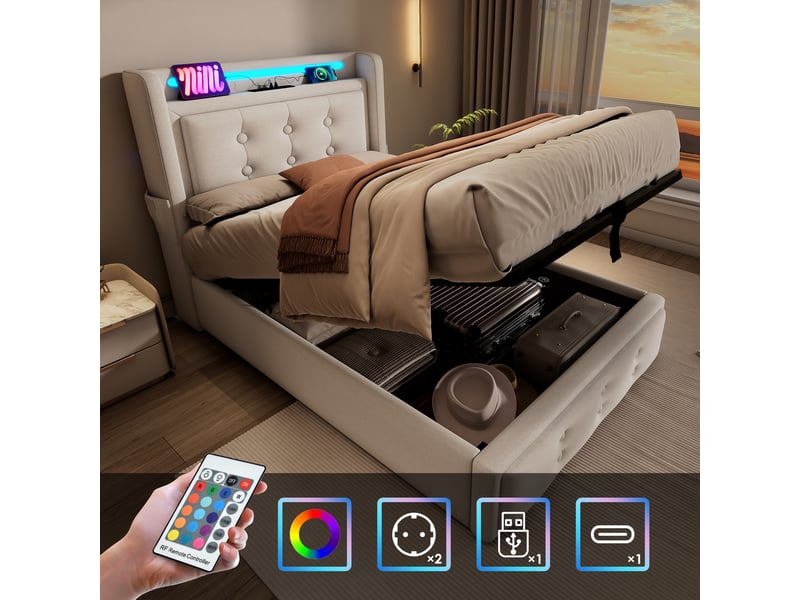  Lit simple rembourré 90x200, tête de lit led et usb-c, sommier lattes bois, cadre métal, 150 kg, beige, coton, avec matelas  - Conforama C