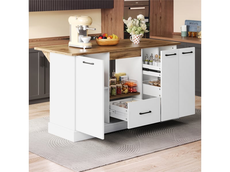 Îlot de cuisine rangement 150x4565x80 cm - surface modulable - tiroirs de rangement - étagères réglables - mdf - blanc et bois naturel CozyNest - Conforama D